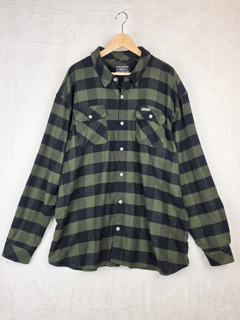 Burlebo Flannel Shirt Men's 2XL‎ Green Black Buffalo Plaid Cotton Stretch